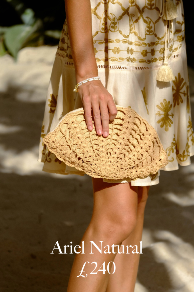 Image of PRANELLA Spring/Summer 2024 beach bag in the Ariel Shell Clutch Design. With text overlay 'Ariel Natural £240.'