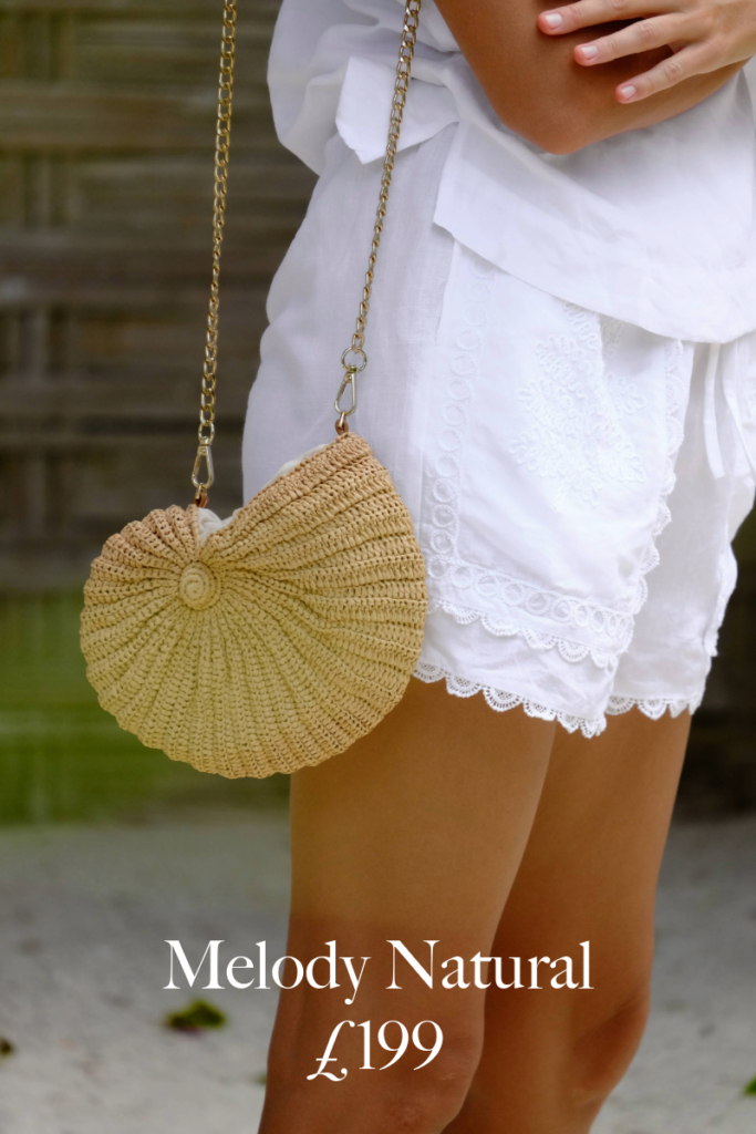 Image of PRANELLA Spring/Summer 2024 beach bag in the Isla Spiral Shell Shoulder Bag Design. With text overlay 'Isla Natural £199.'